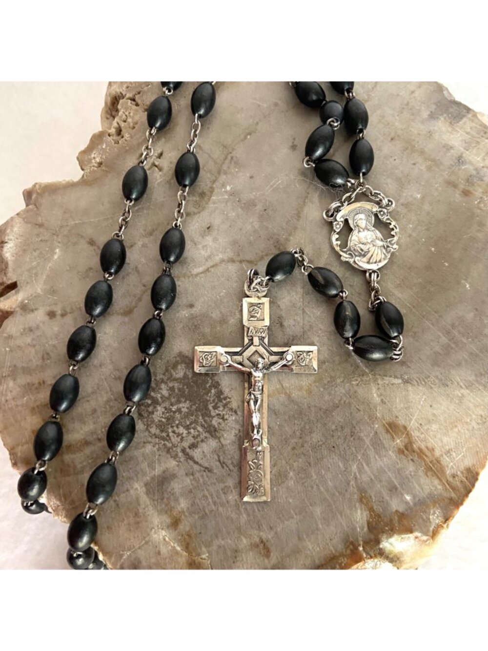 VTG Sterling Silver 925 Italian Black Beaded Rosary Crucifix Cross Y Necklace - Picture 15 of 16